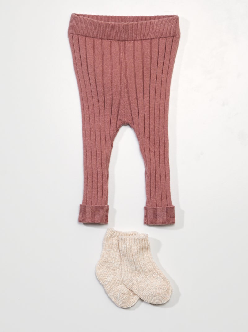 Legging en maille côtelée + chaussettes - 2 pièces Rose - Kiabi