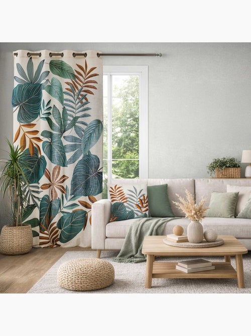 Lichtdoorlatend gordijn met oogjes van bedrukt poly-lin met tropisch motief - Kiabi Lichtdoorlatend gordijn met oogjes van bedrukt poly-lin met tropisch motief - Kiabi