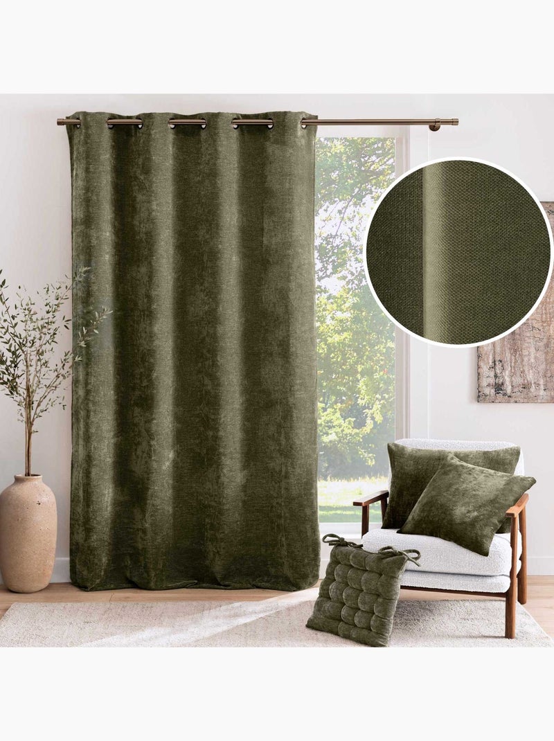 Lichtdoorlatend gordijn met oogjes van chenille-fluweel Groen - Kiabi