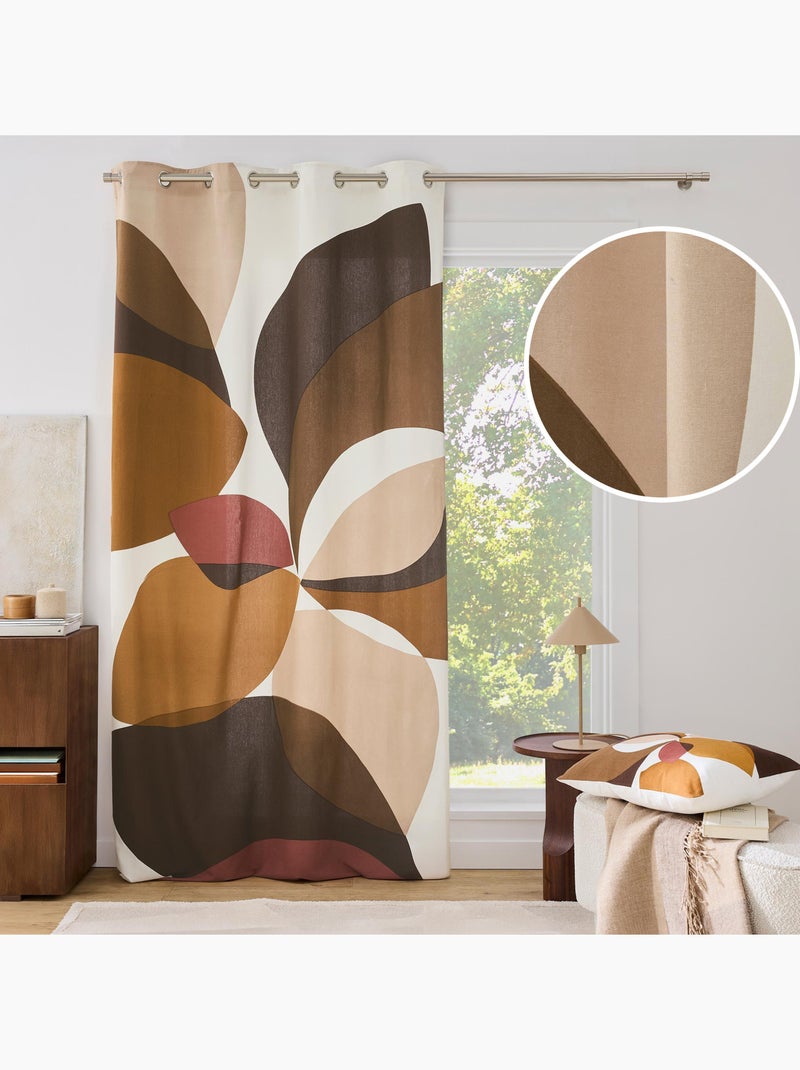 Lichtdoorlatend gordijn met oogjes van polykatoen met geometrische print Bruin - Kiabi