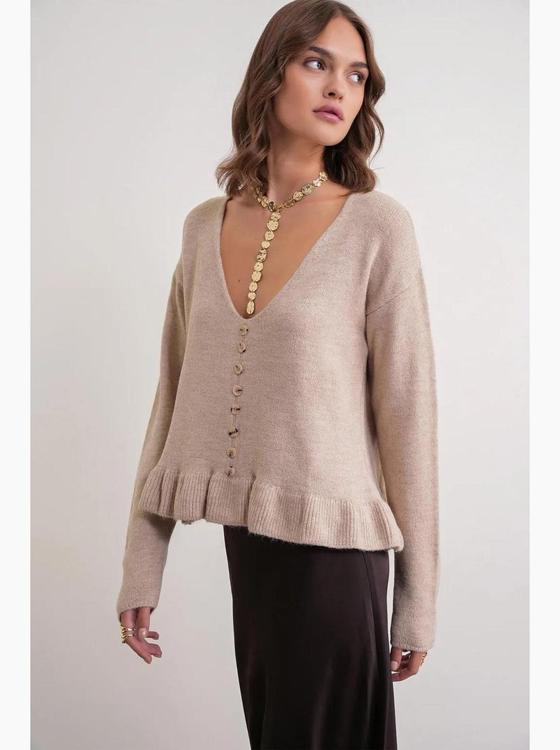Lichtgewicht gebreide top met v-hals en knoopdetail mixray Klei-beige - Kiabi