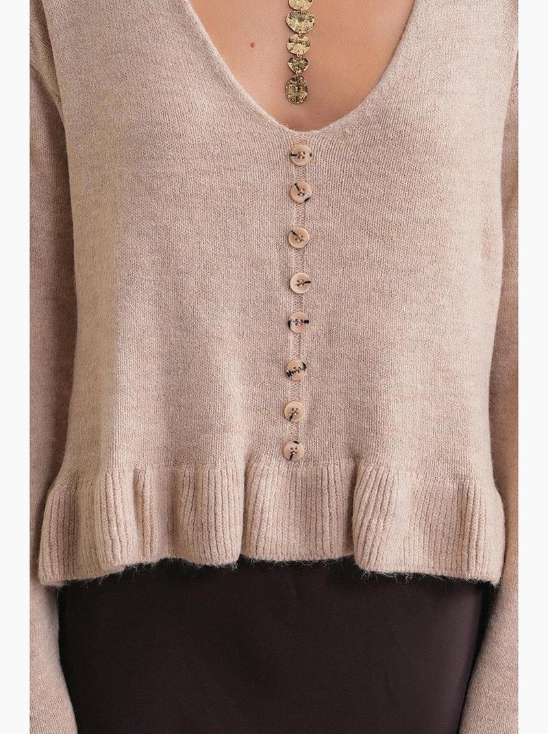 Lichtgewicht gebreide top met v-hals en knoopdetail mixray Klei-beige - Kiabi