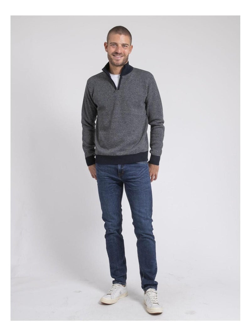 Limerou gestreepte trui met hoge hals en ritssluiting Marineblauw - Kiabi