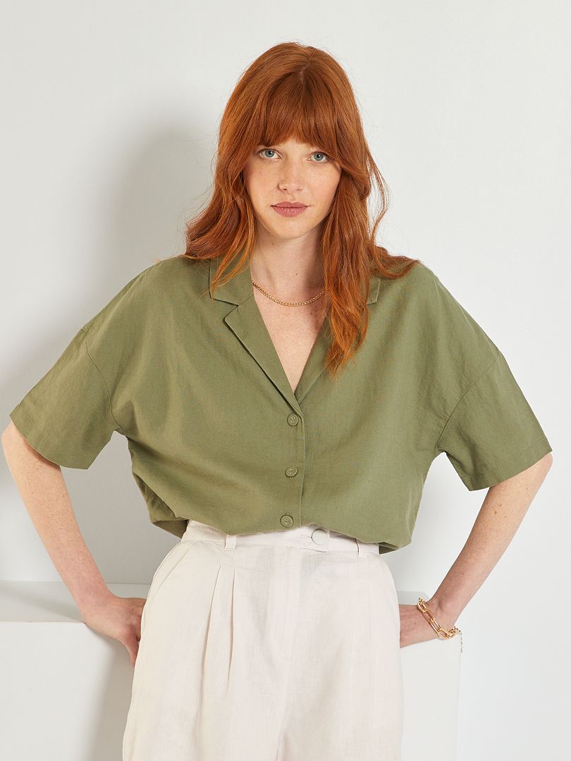Linnen blouse met pyjamakraag groen - Kiabi