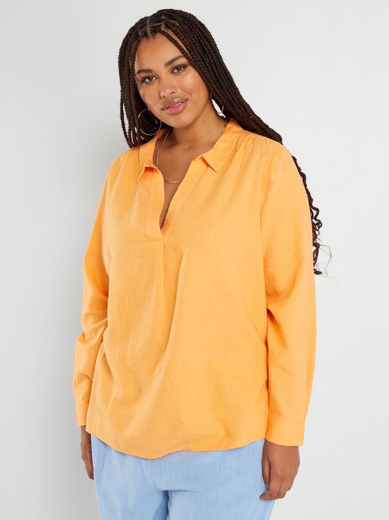 Linnen blouse met V-hals ORANJE - Kiabi