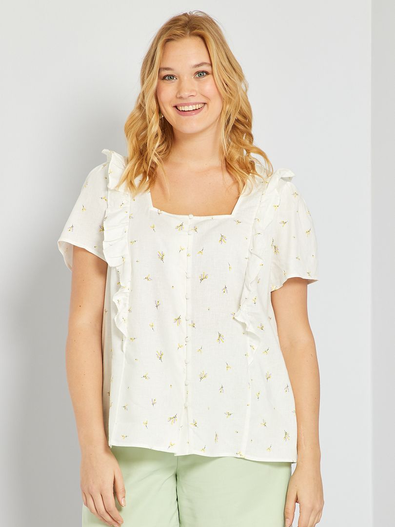 Linnen blouse met vierkante halslijn WIT - Kiabi