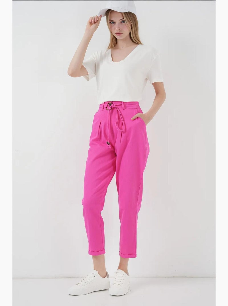 Linnen broek met riem bdart Magenta - Kiabi