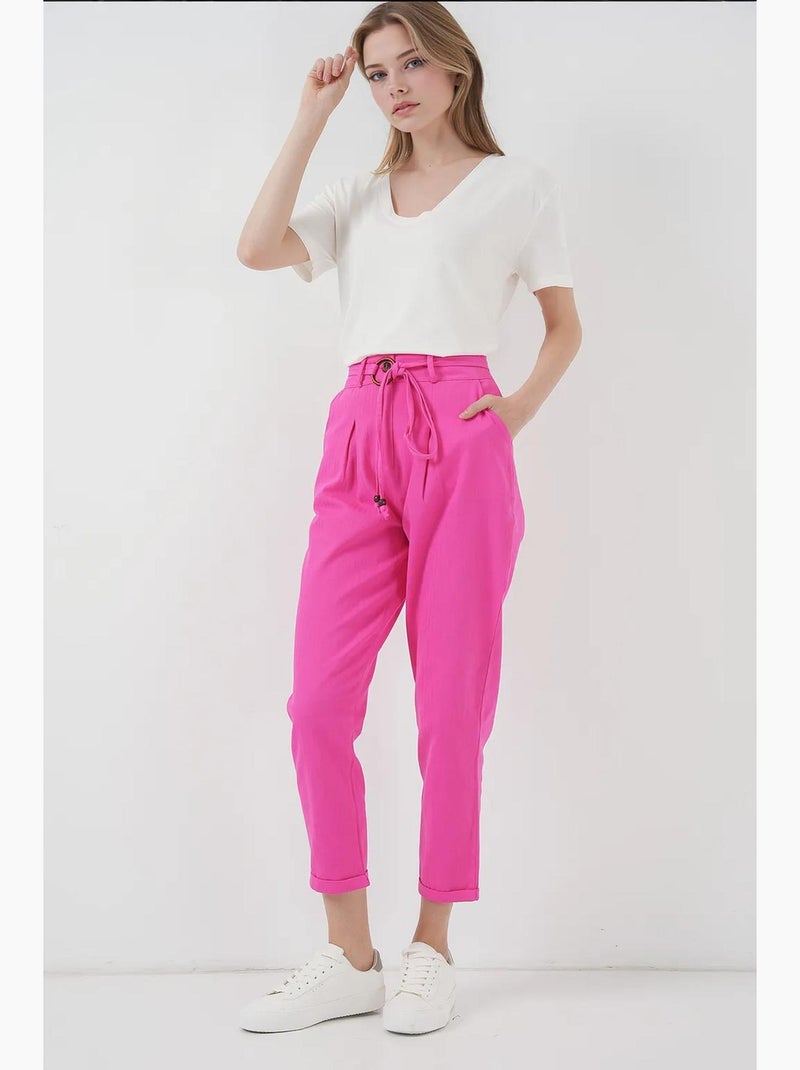 Linnen broek met riem bdart Magenta - Kiabi