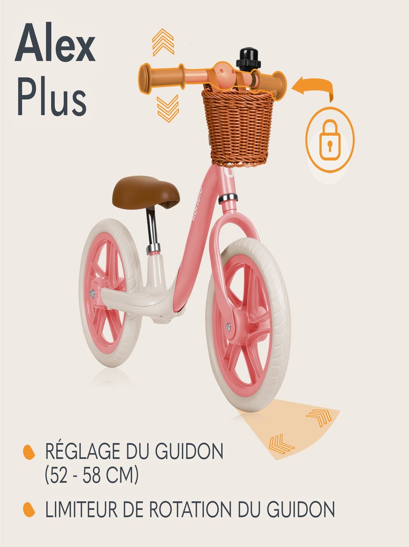 LIONELO Alex Plus loopfiets - Licht - Comfortabel zadel - Verstelbaar - Mand en bel Roze - Kiabi