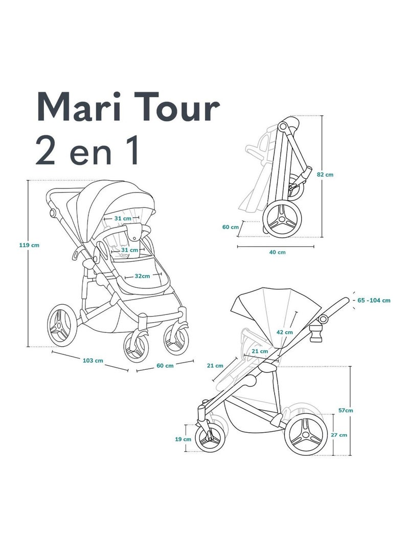 LIONELO Mari Tour 2-in-1 kinderwagen - Grote wielen - Regenhoes en meer Grijs - Kiabi