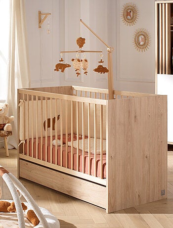 Lit à barreaux en bois décor chêne suave avec matelas - sauthon