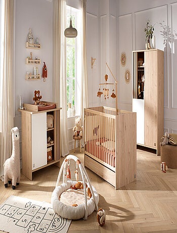 Lit à barreaux en bois décor chêne suave avec matelas - sauthon