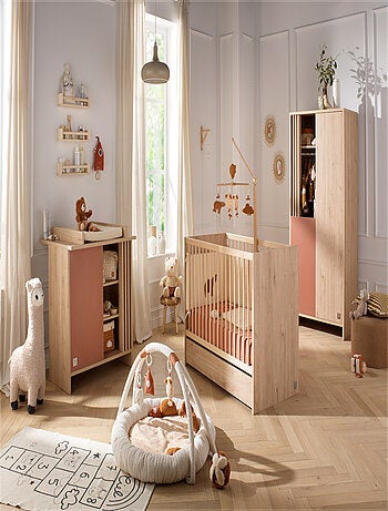 Lit à barreaux en bois décor chêne suave avec matelas - sauthon