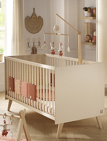 Lit évolutif - little big bed sur pieds en bois avec têtes panneaux imitation bois - sauthon
