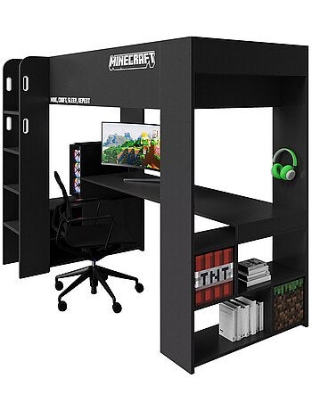 Lit mezzanine 90 x 200 avec bureau et éclairage LED 'Roba' - Minecraft