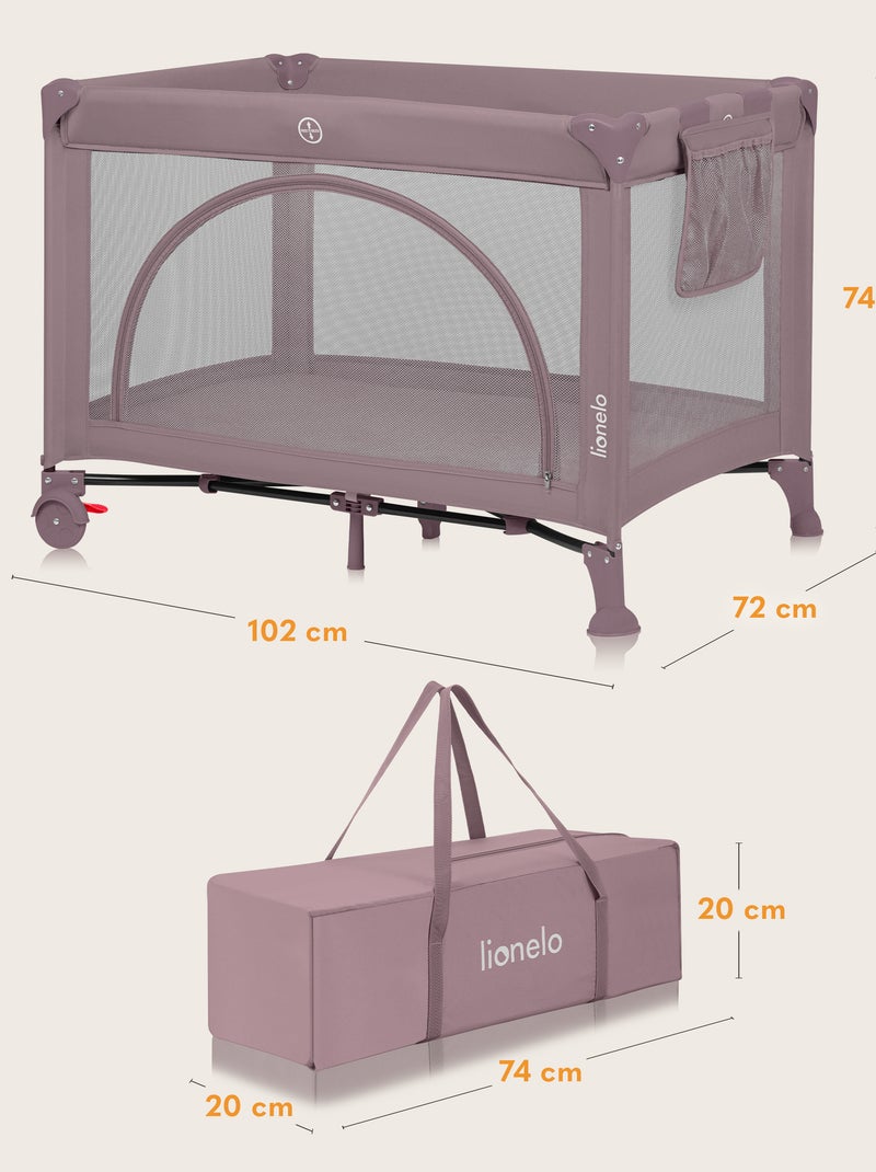 Lit parapluie 3en1 LIONELO Laura - Parc bébé - Matelas haute densité - Roulettes - 0-36 mois Rose pastel - Kiabi