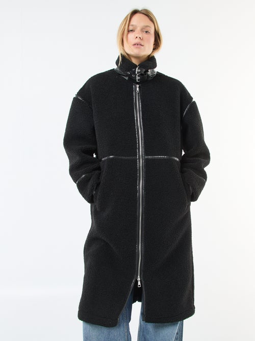 Long manteau en fausse laine avec empiècements en simili - Kiabi