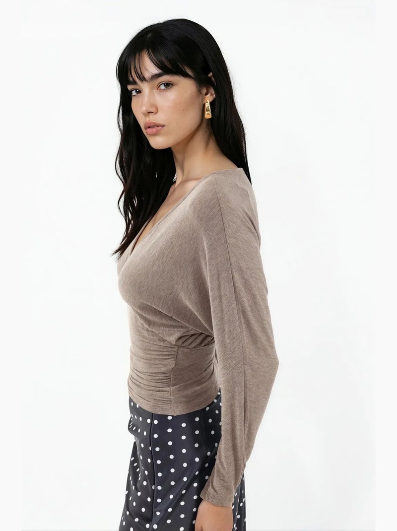 Losvallende gebreide blouse met v-hals busem Taupe - Kiabi