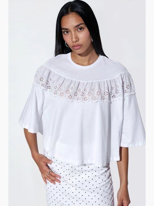 Losvallende katoenen blouse met ronde hals busem - Kiabi
