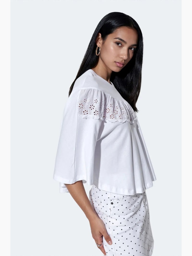 Losvallende katoenen blouse met ronde hals busem Wit - Kiabi