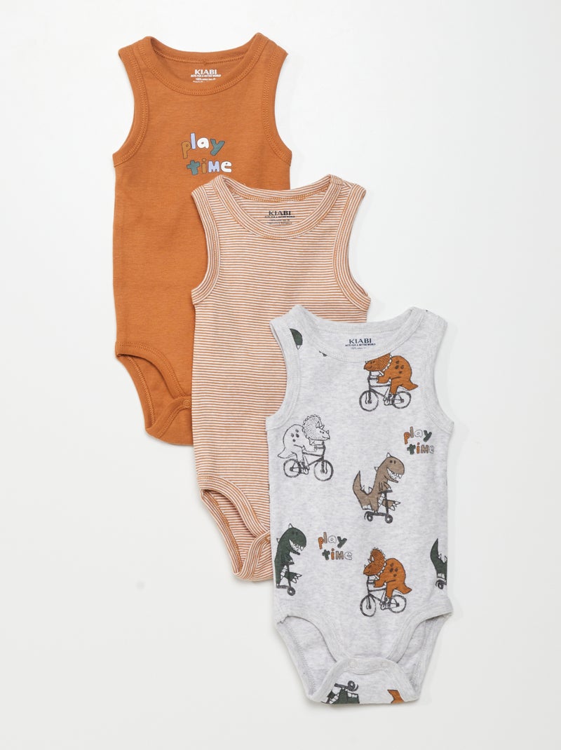 Lot 3 bodies sans manches imprimés marron/beige/gris - Kiabi