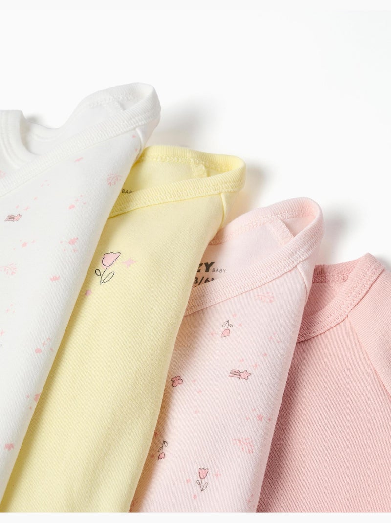 Lot 4 bodys croisés unis/à fleurs Rose/Jaune - Kiabi