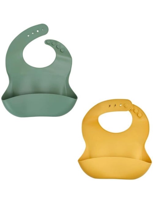 Lot de 2 bavoirs - thermobaby - silicone - vert cactus et jaune miel - etanches et réglables - Kiabi