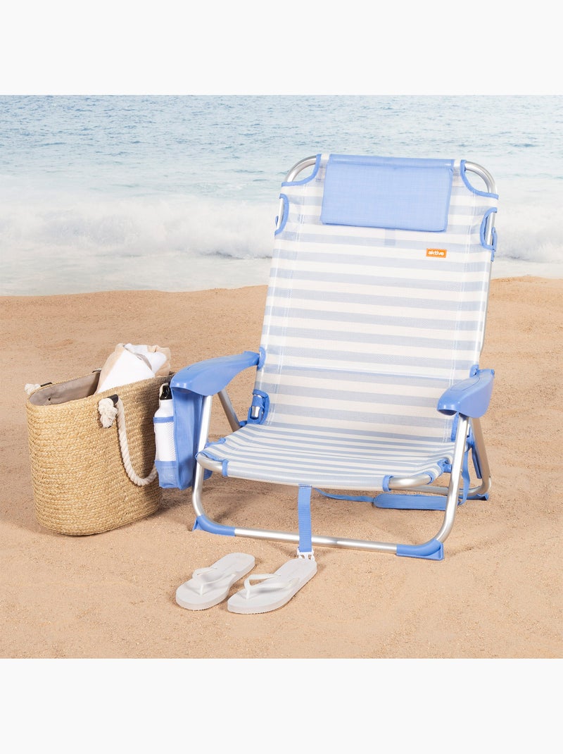 Lot de 2 chaises de plage basses multipositions 51x45x76 cm avec poches Bleu Blanc - Kiabi