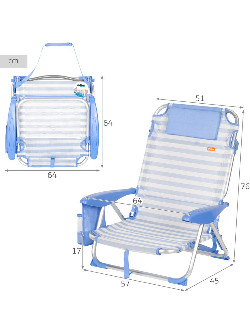 Lot de 2 chaises de plage basses multipositions 51x45x76 cm avec poches Bleu Blanc - Kiabi
