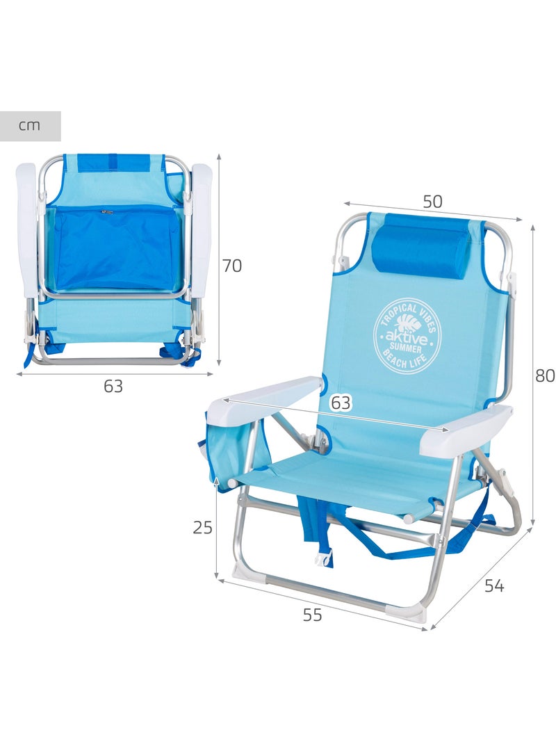 Lot de 2 chaises de plage multipositions moyennes 50x54x80 cm avec poches Bleu - Kiabi