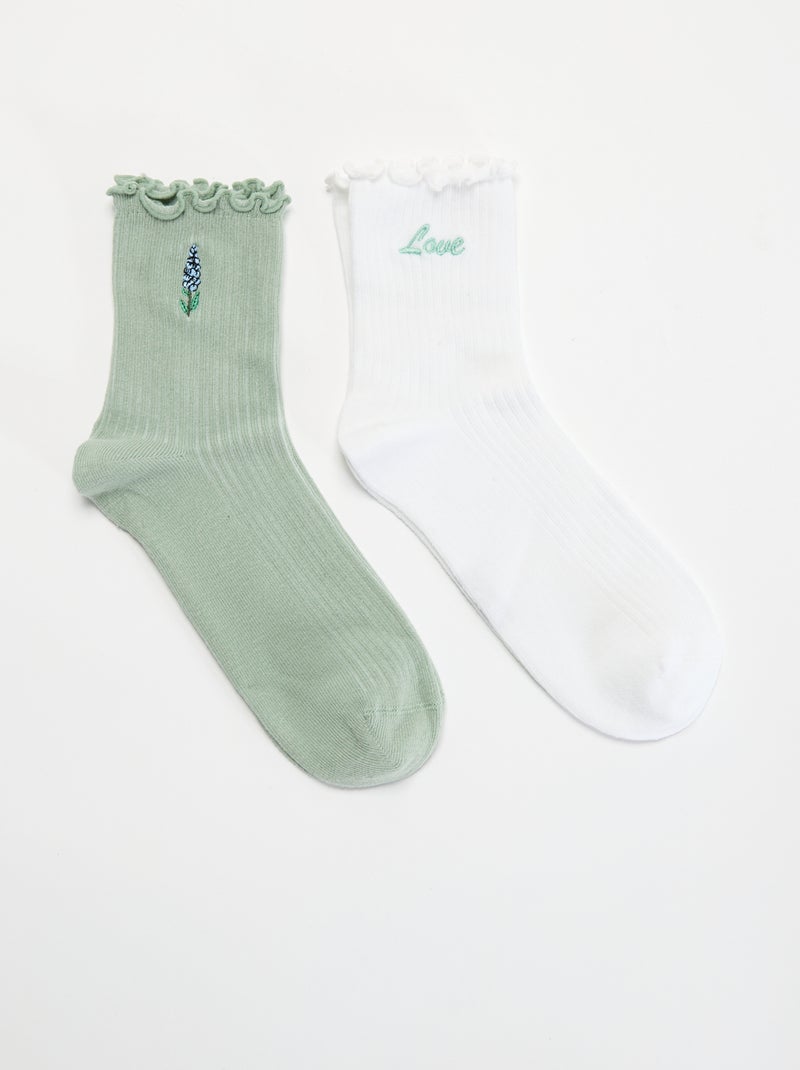 Lot de 2 chaussettes brodées à bords volantés Blanc - Kiabi