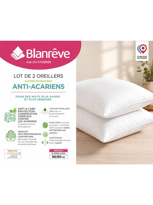 Lot de 2 oreillers douceur 60 x 60 cm – anti-acariens soft & care – blanrêve - Kiabi