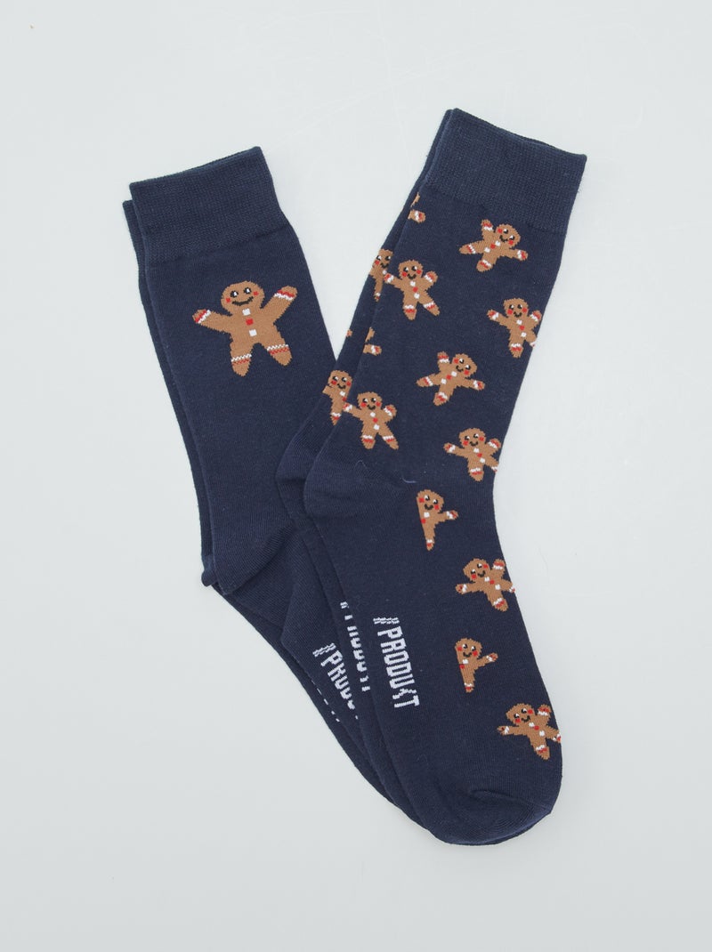 Lot de 2 paires de chaussettes 'Bonhomme en pain d'épice' Bleu - Kiabi