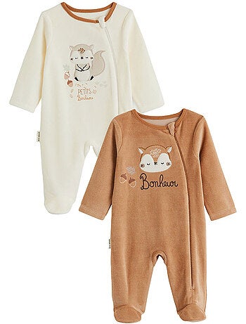 Lot de 2 pyjamas bébé en velours ouverture zippée caramel