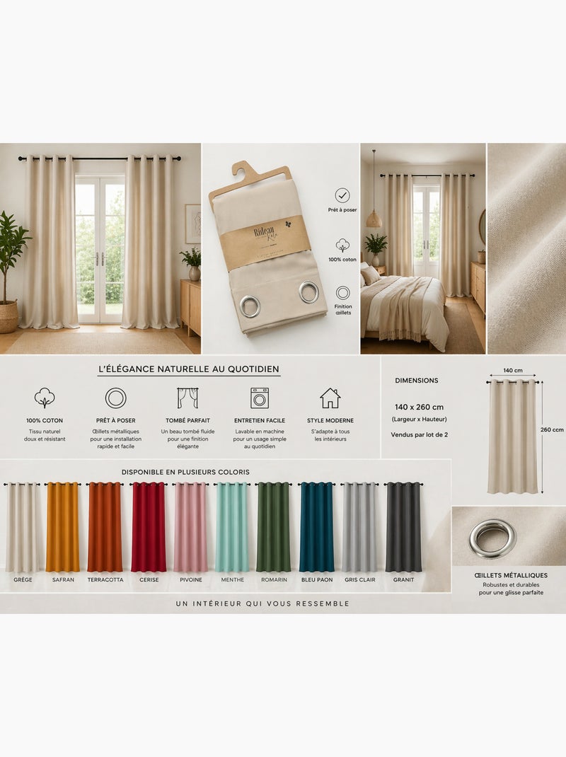 Lot de 2 rideaux 100% coton prélavé – kala Beige - Kiabi