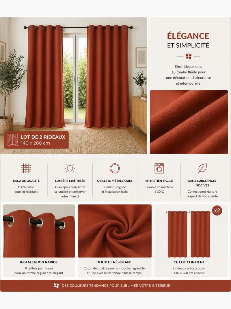 Lot de 2 rideaux 100% coton prélavé – kala Terracotta - Kiabi