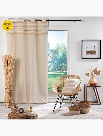 Lot de 2 rideaux tamisants à œillets – coton uni + top rayé à franges – atlas