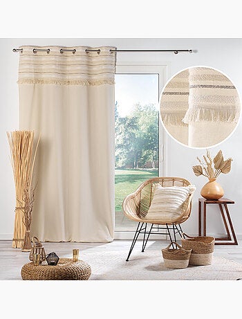 Lot de 2 rideaux tamisants à œillets – coton uni + top rayé à franges – atlas