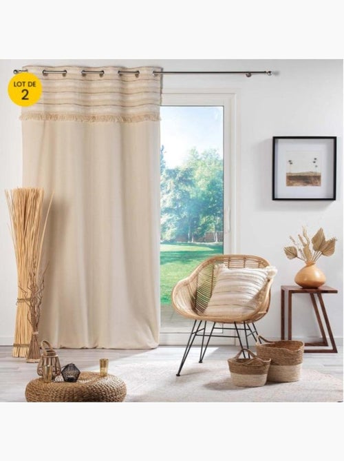 Lot de 2 rideaux tamisants à œillets – coton uni + top rayé à franges – atlas - Kiabi