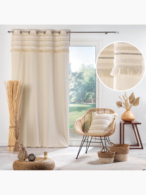 Lot de 2 rideaux tamisants à œillets – coton uni + top rayé à franges – atlas - Kiabi