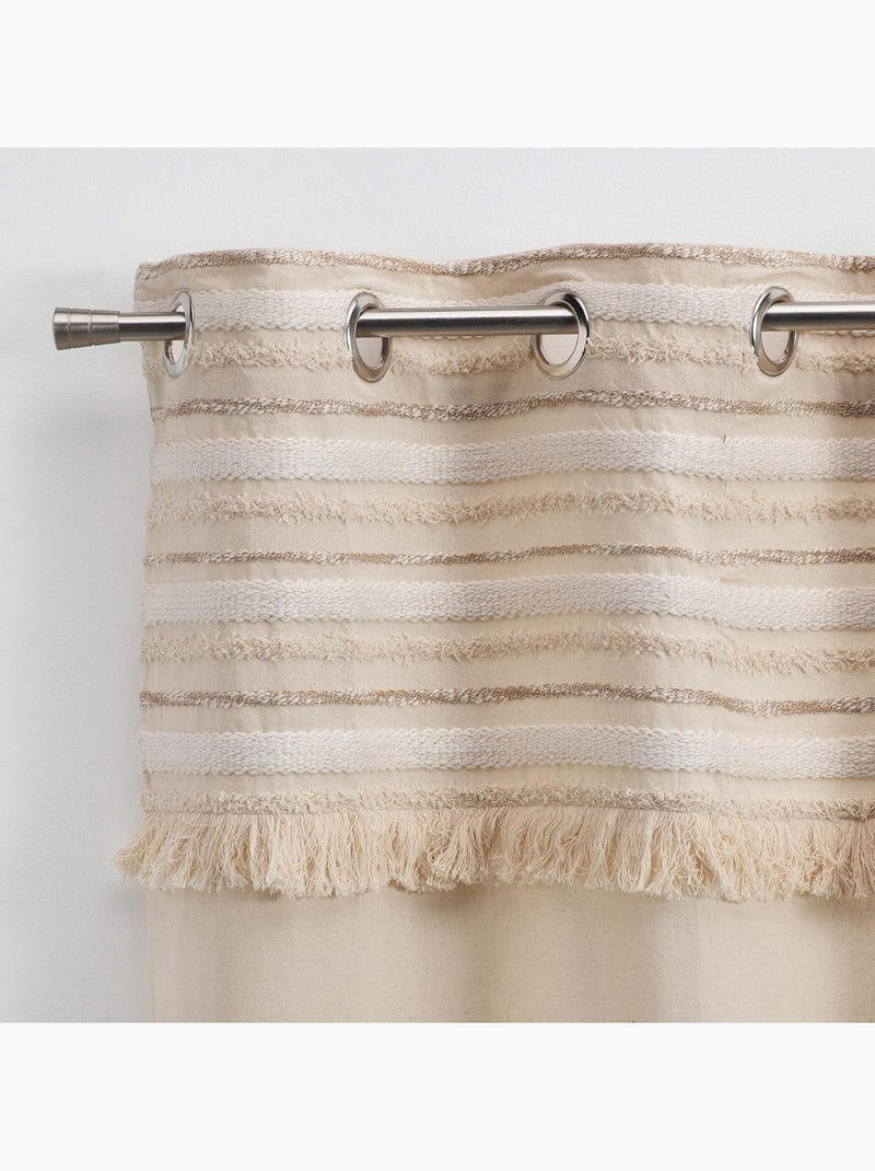 Lot de 2 rideaux tamisants à œillets – coton uni + top rayé à franges – atlas Beige naturel - Kiabi