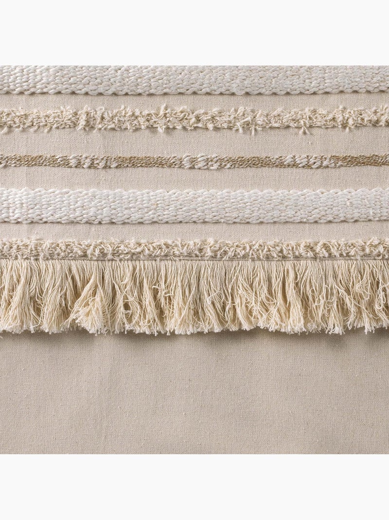 Lot de 2 rideaux tamisants à œillets – coton uni + top rayé à franges – atlas Beige naturel - Kiabi