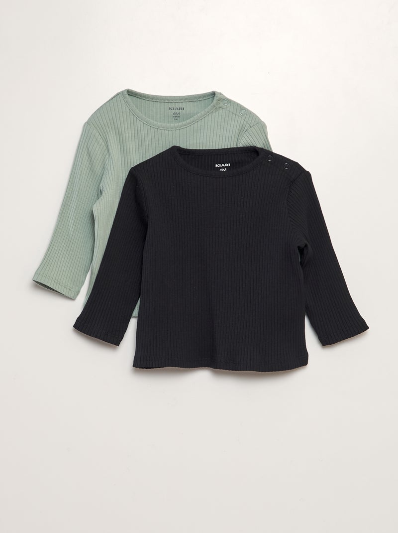 Lot de 2 t-shirts côtelés Noir/vert - Kiabi