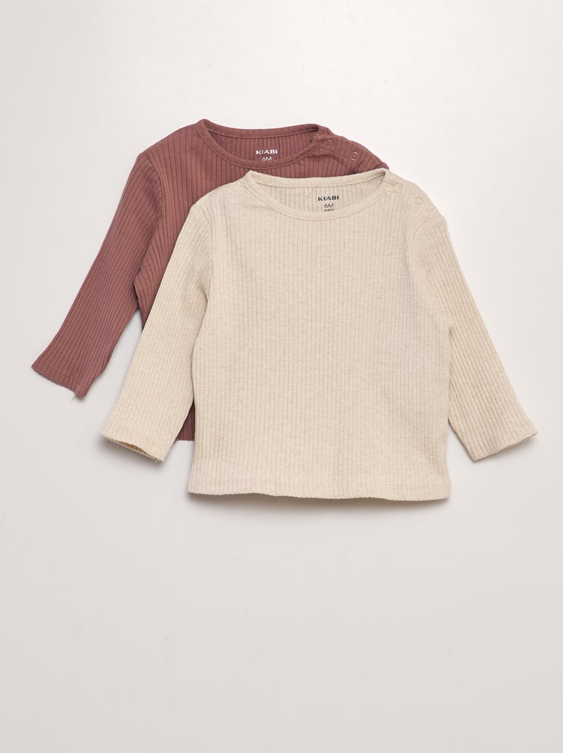 Lot de 2 t-shirts côtelés Rose/beige - Kiabi