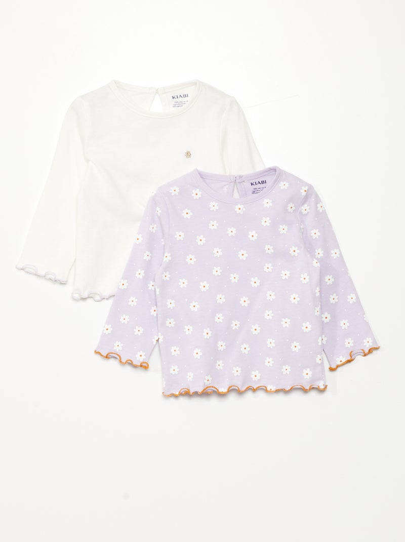Lot de 2 t-shirts manches longues Violet/blanc - Kiabi