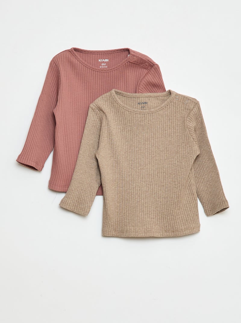 Lot de 2 t-shirts unis côtelés à manches longues Marron - Kiabi
