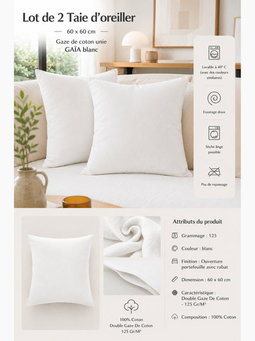 Lot de 2 taies d’oreiller – double gaze de coton – gaïa - Kiabi Lot de 2 taies d’oreiller – double gaze de coton – gaïa - Kiabi