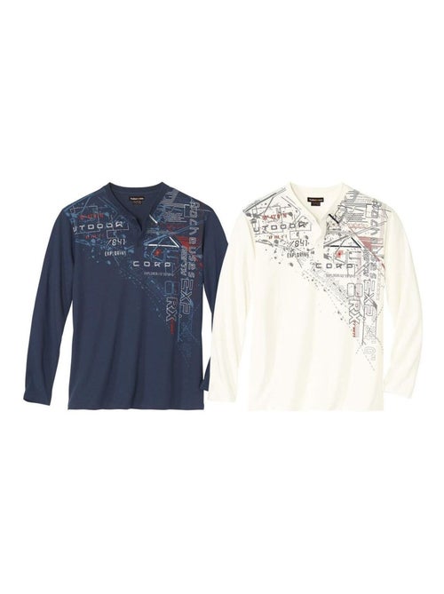 Lot de 2 Tee-Shirts Col Tunisien Boutonné Travel   - ATLAS FOR MEN - Kiabi