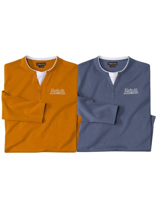 Lot de 2 Tee-Shirts Manches Longues Col Fantaisie   - ATLAS FOR MEN - Kiabi