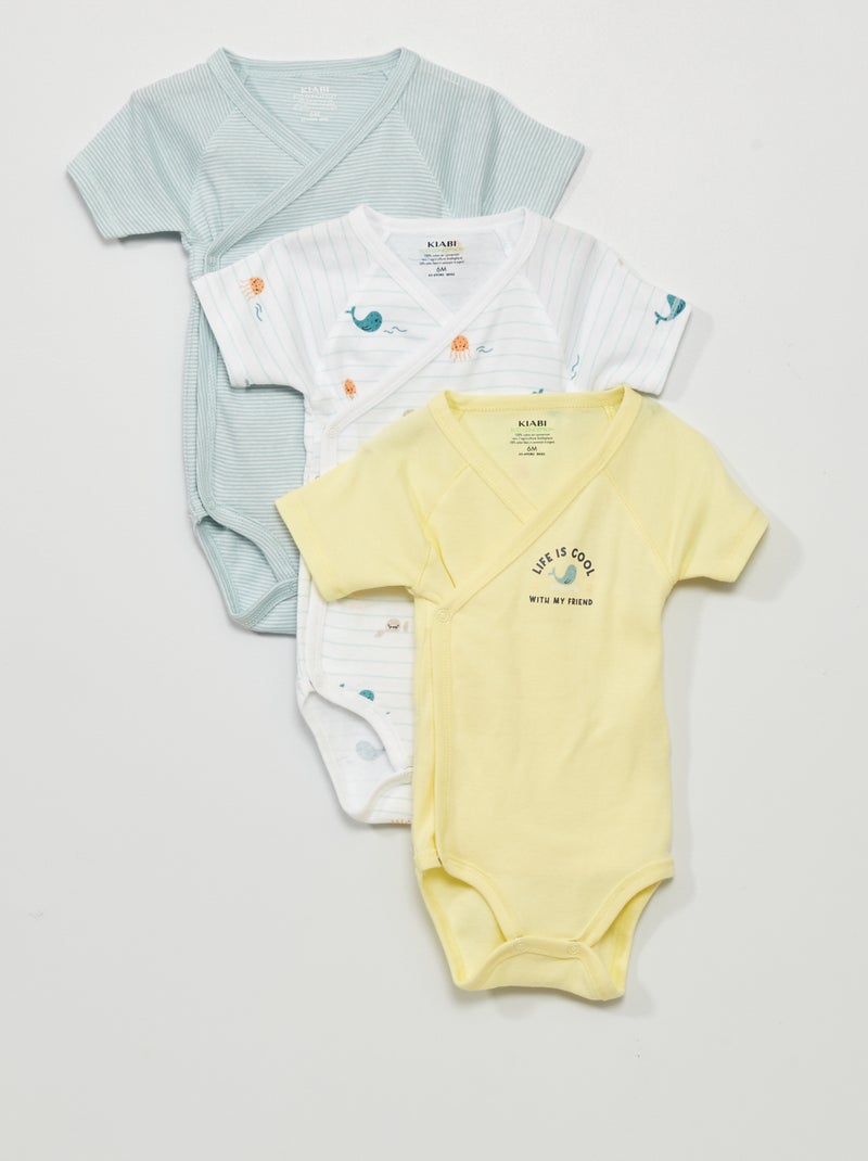 Lot de 3 bodies en coton Jaune/blanc/bleu - Kiabi